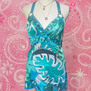 Bebe Y2K Silk Teal and Blue Halter Neck Top